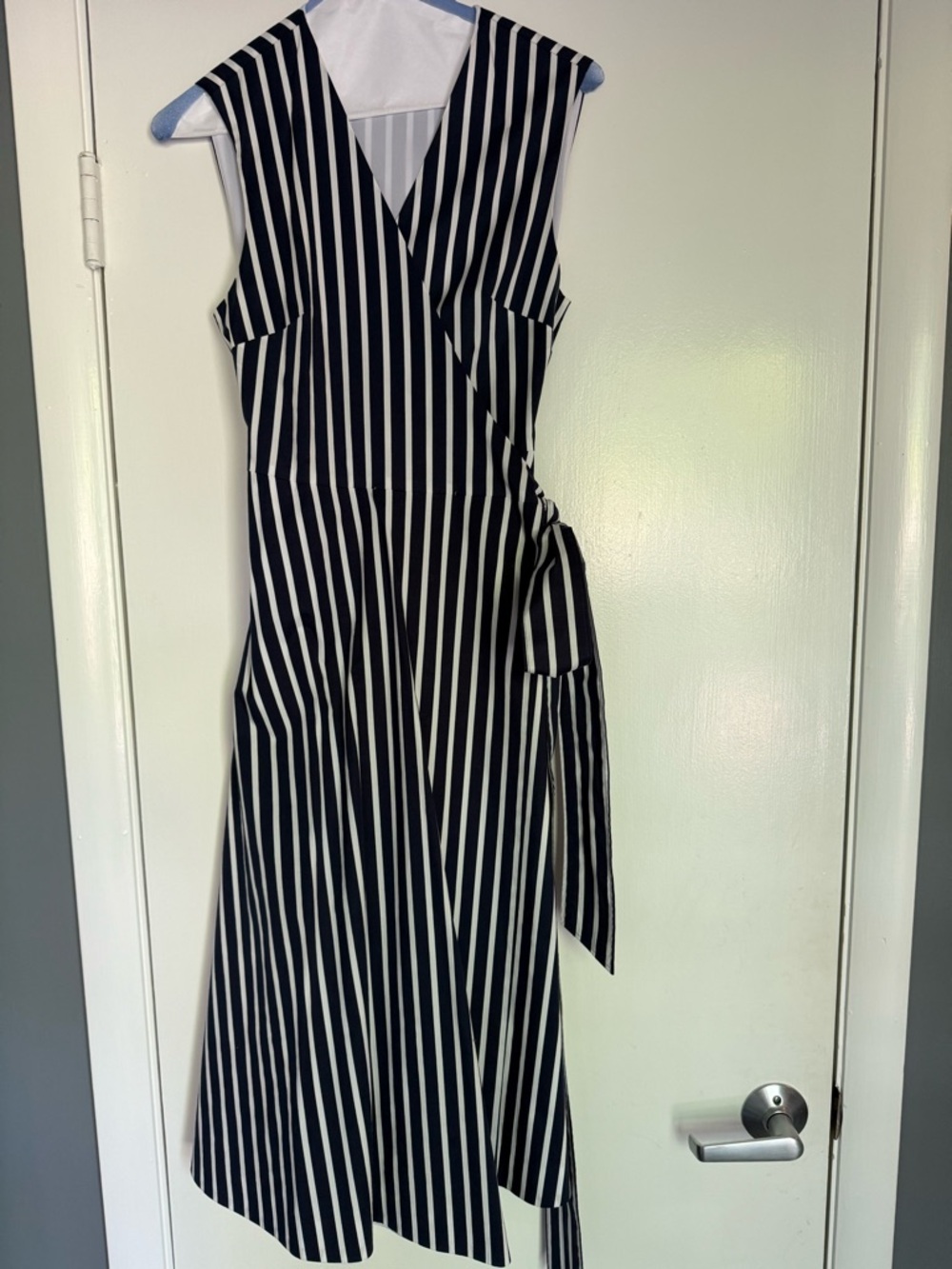 Draper James Navy and White Vertical Stripe Midi Wrap Dress